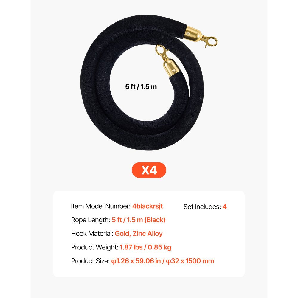 VEVOR 4 Pcs Black Velvet Stanchion Ropes, 5 ft Crowd Control Stanchion Black Velvet Ropes with Gold Hooks, Post Queue Barrier Carpet Rope for Carpet Events Movie Theaters Grand Openings Hotels Party