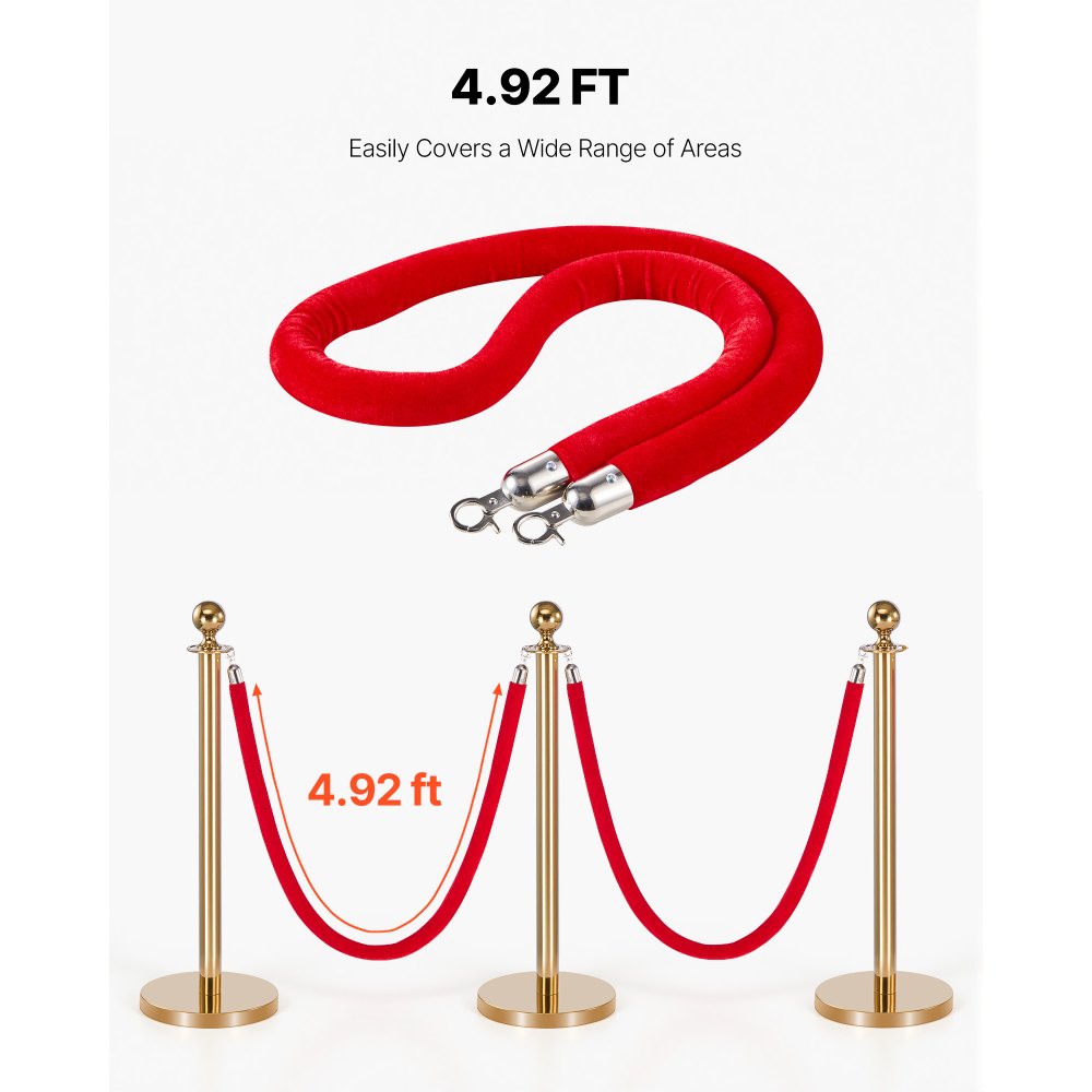 VEVOR 2 Pcs Red Velvet Stanchion Ropes, 5 ft Crowd Control Stanchion Red Velvet Ropes with Silver Hooks, Post Queue Barrier Carpet Rope for Carpet Events Movie Theaters Grand Openings Hotels Party