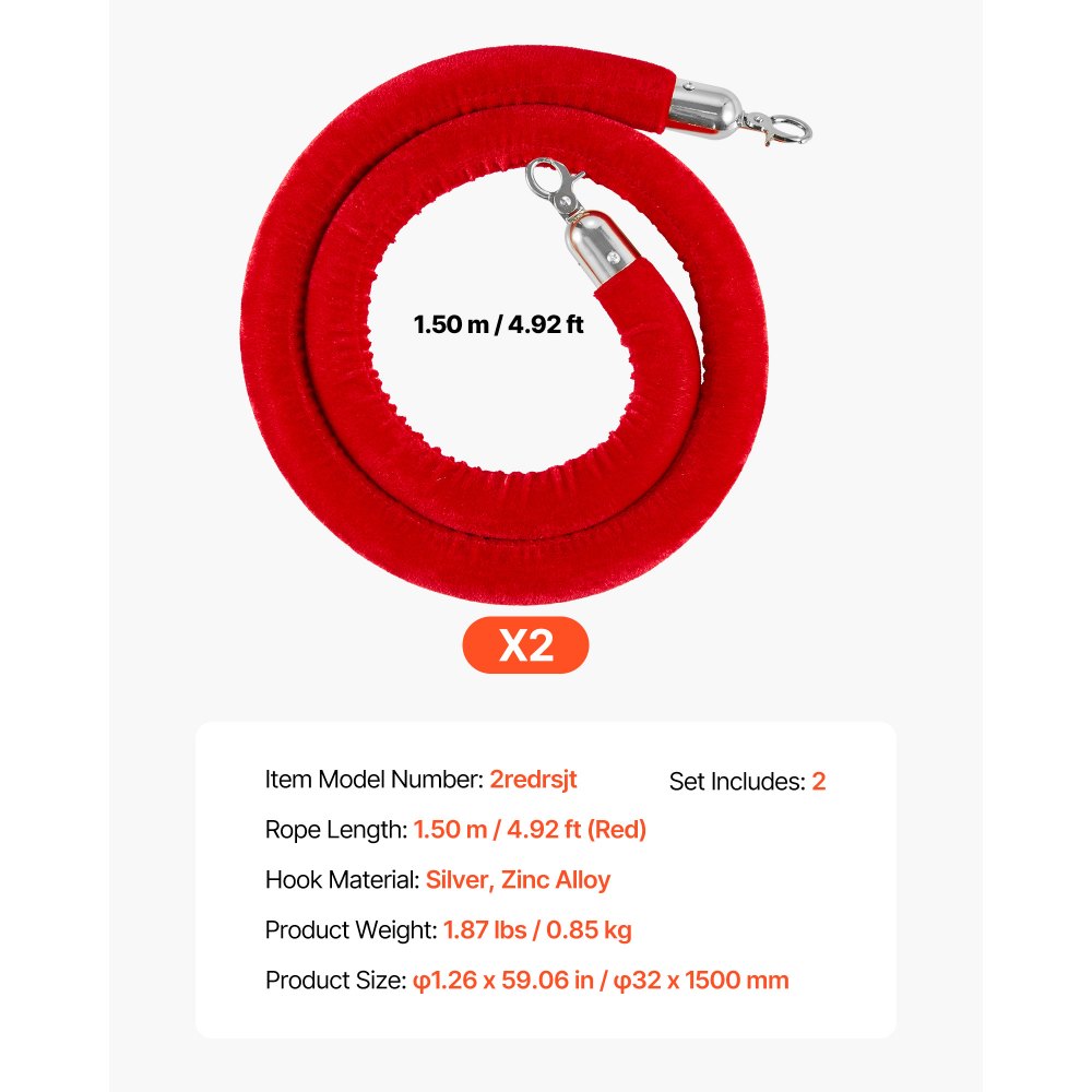 VEVOR 2 Pcs Red Velvet Stanchion Ropes, 5 ft Crowd Control Stanchion Red Velvet Ropes with Silver Hooks, Post Queue Barrier Carpet Rope for Carpet Events Movie Theaters Grand Openings Hotels Party