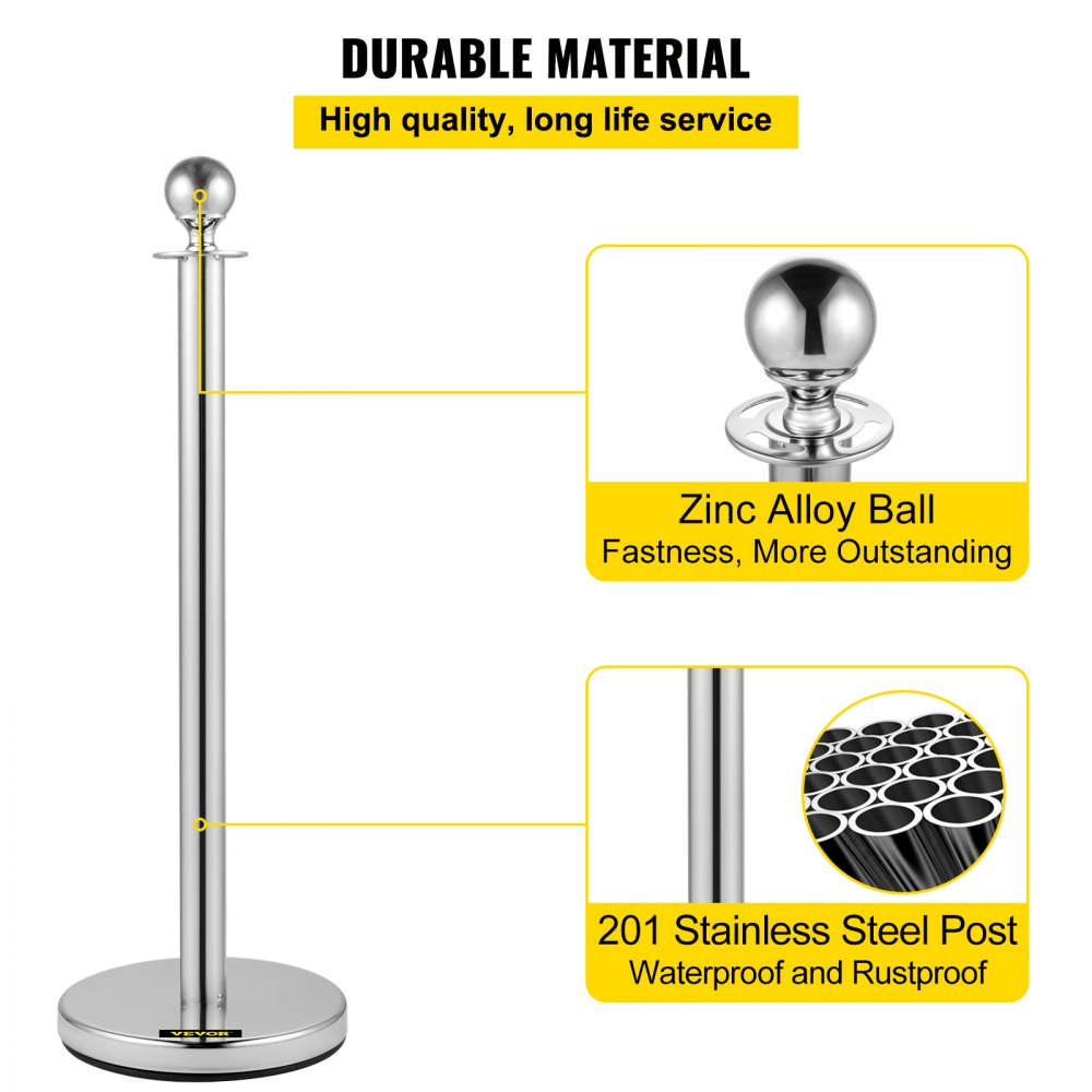 VEVOR 4PCS Stainless Steel Stanchion Posts Queue, Red Velvet Ropes Silver Post, 5FT Rope Barriers Queue Line Crowd Control Barriers for Party Supplies