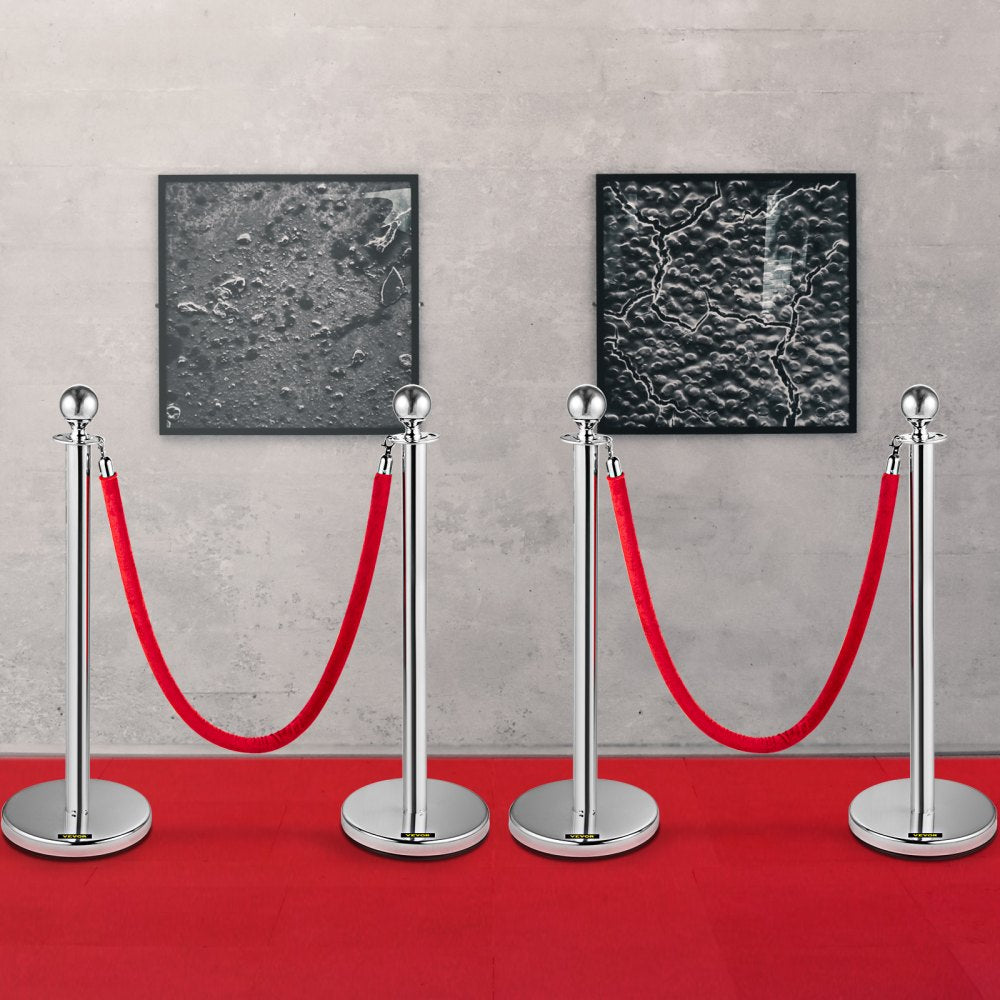 VEVOR 4PCS Stainless Steel Stanchion Posts Queue, Red Velvet Ropes Silver Post, 5FT Rope Barriers Queue Line Crowd Control Barriers for Party Supplies