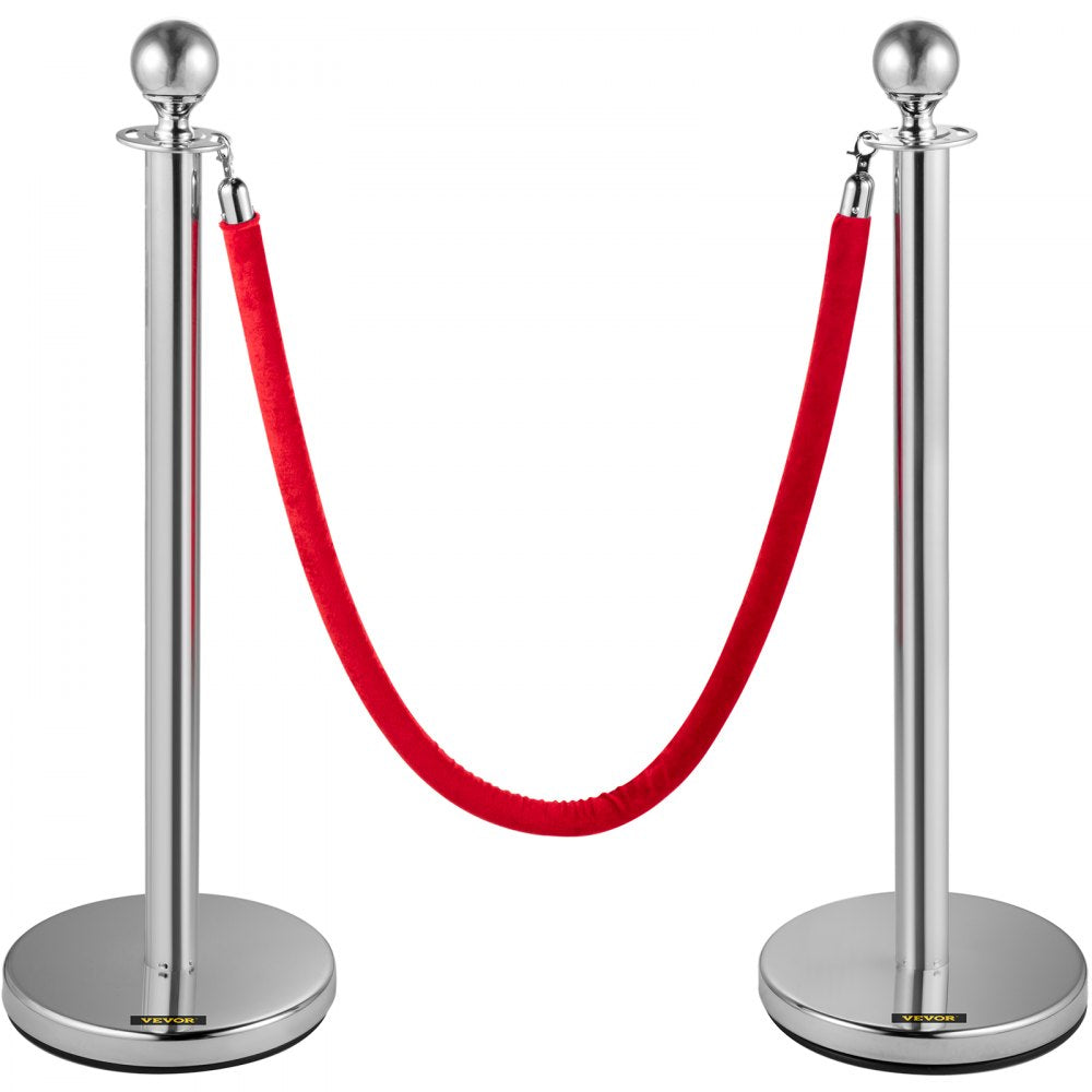 VEVOR 4PCS Stainless Steel Stanchion Posts Queue, Red Velvet Ropes Silver Post, 5FT Rope Barriers Queue Line Crowd Control Barriers for Party Supplies