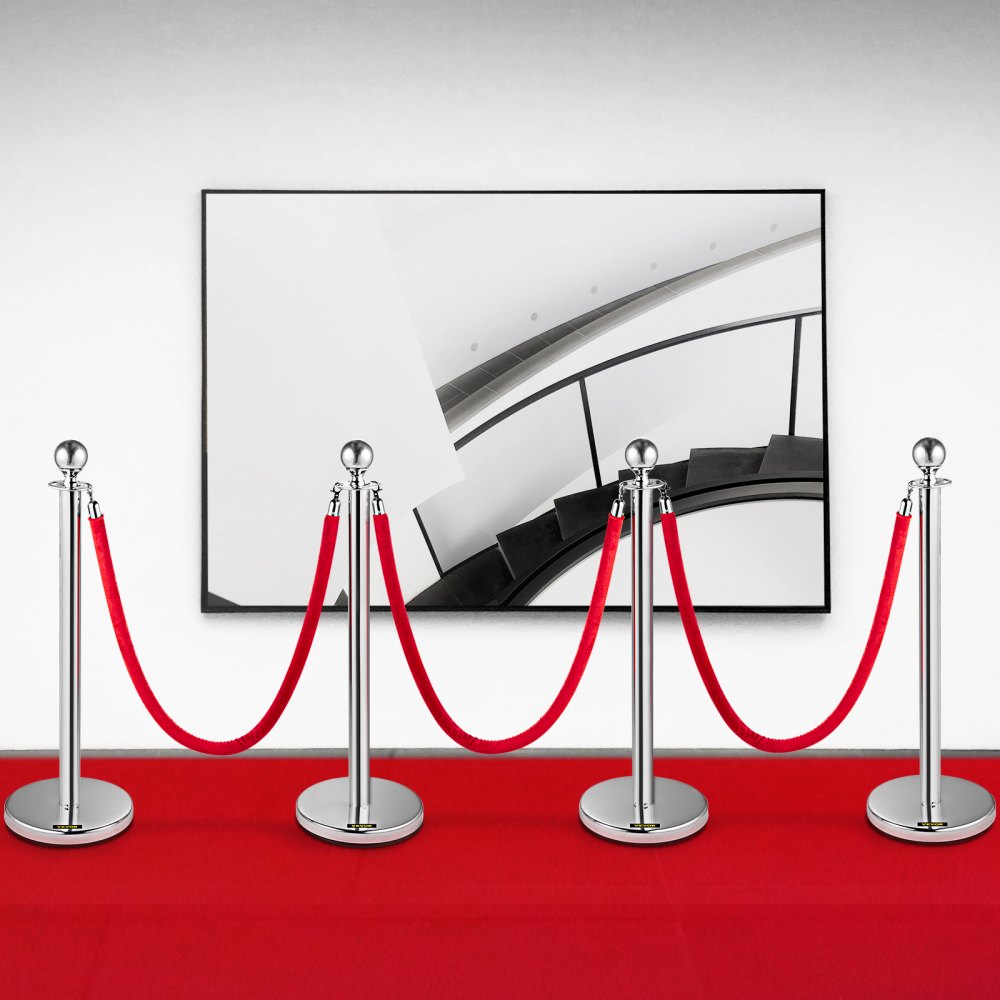VEVOR Crowd Control Stanchion, Set of 4 Pieces Silver Stanchion Set, Stanchion Set with 5 ft/1.5 m Red Velvet Rope, Crowd Control Barrier
