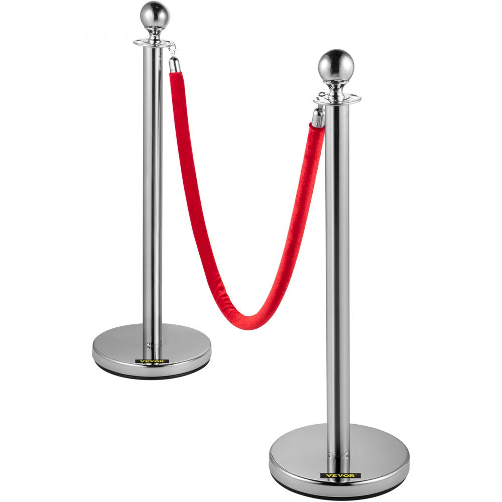 VEVOR Crowd Control Stanchion, Set of 4 Pieces Silver Stanchion Set, Stanchion Set with 5 ft/1.5 m Red Velvet Rope, Crowd Control Barrier