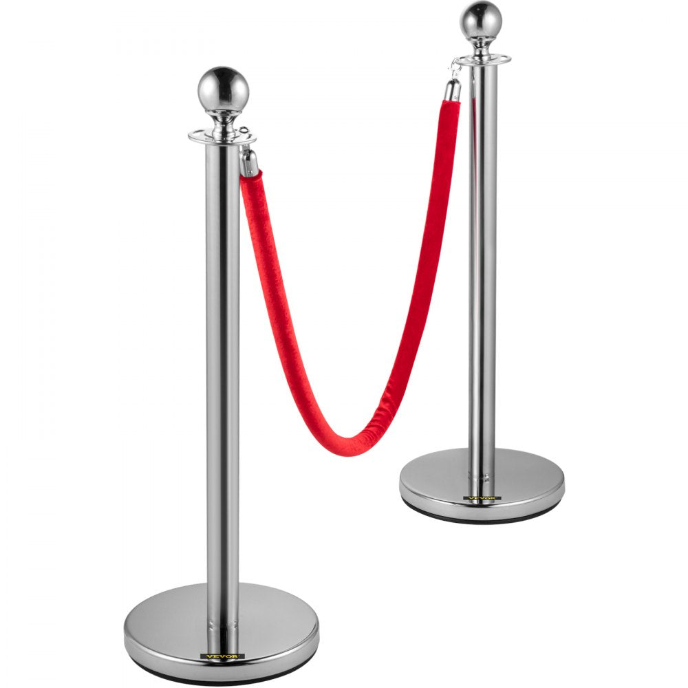 VEVOR Crowd Control Stanchion, Set of 4 Pieces Silver Stanchion Set, Stanchion Set with 5 ft/1.5 m Red Velvet Rope, Crowd Control Barrier