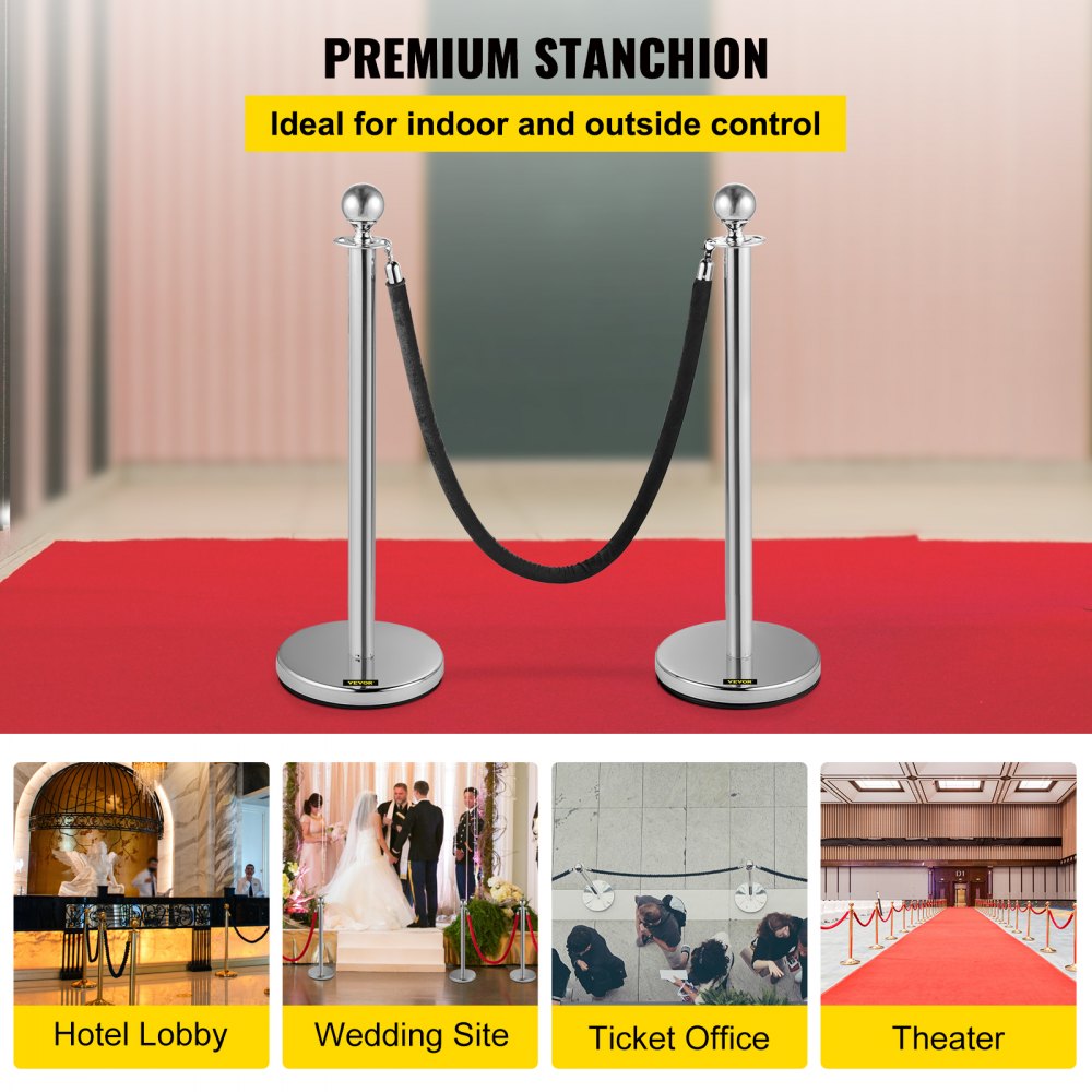 VEVOR Crowd Control Stanchion, Set of 2 Pieces Stanchion, Stanchion Set with 5 ft/1.5 m Black Velvet Rope, Silver Crowd Control Barrier with Sturdy Concrete and Metal Base – Easy Connect Assembly