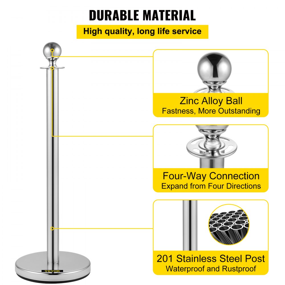VEVOR Crowd Control Stanchion, Set of 2 Pieces Stanchion, Stanchion Set with 5 ft/1.5 m Black Velvet Rope, Silver Crowd Control Barrier with Sturdy Concrete and Metal Base – Easy Connect Assembly