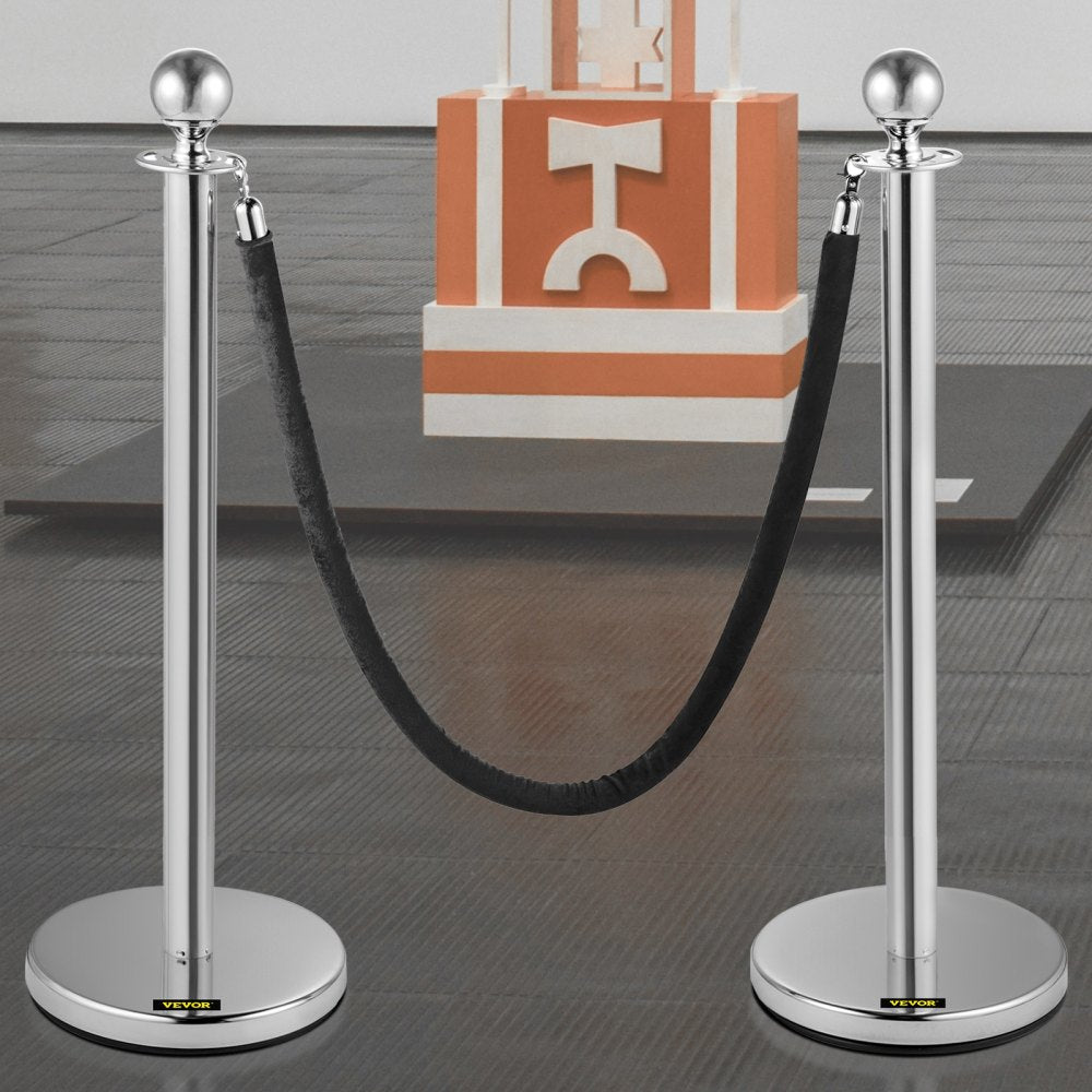 VEVOR Crowd Control Stanchion, Set of 2 Pieces Stanchion, Stanchion Set with 5 ft/1.5 m Black Velvet Rope, Silver Crowd Control Barrier with Sturdy Concrete and Metal Base – Easy Connect Assembly