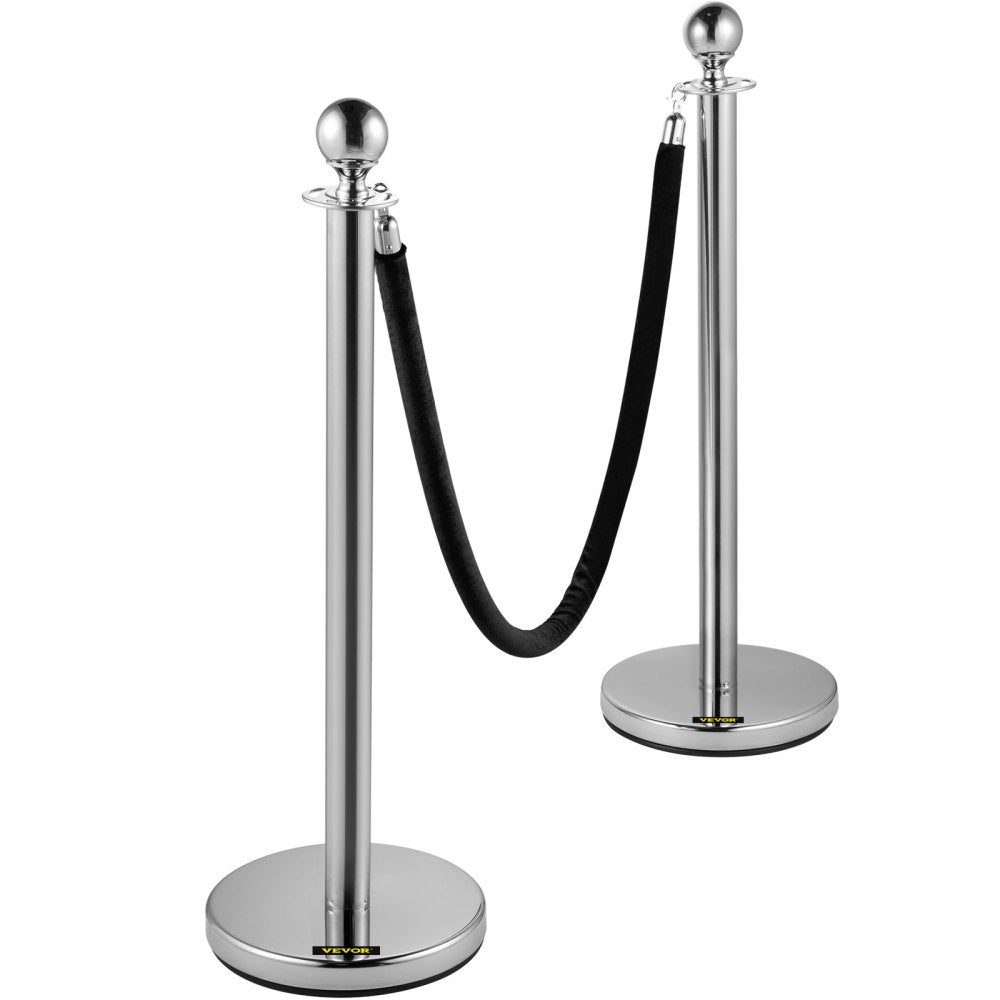 VEVOR Crowd Control Stanchion, Set of 2 Pieces Stanchion, Stanchion Set with 5 ft/1.5 m Black Velvet Rope, Silver Crowd Control Barrier with Sturdy Concrete and Metal Base – Easy Connect Assembly