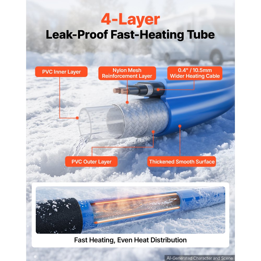 VEVOR 15FT Heated Water Hose for RV Antifreeze to -45°F Drinking Water Hose, 1/2" ID, Smooth Surface, Built-in Thermostat, Freeze & Leak-Proof, Lead and BPA Free, Fast Heating for RV Camping Garden