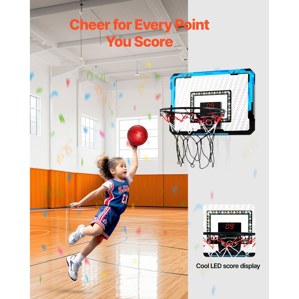 VEVOR Kids Basketball Hoop, Mini Basketball Goal with Electronic Scoreboard, Over The Door Basketball Hoop with Scoring & Music Accompaniment Functions, LED Light, Indoor Basketball Hoop for Kids 3+