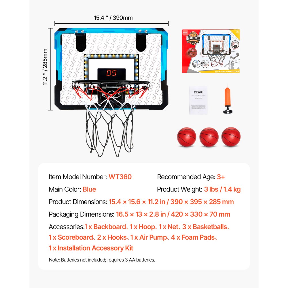 VEVOR Kids Basketball Hoop, Mini Basketball Goal with Electronic Scoreboard, Over The Door Basketball Hoop with Scoring & Music Accompaniment Functions, LED Light, Indoor Basketball Hoop for Kids 3+