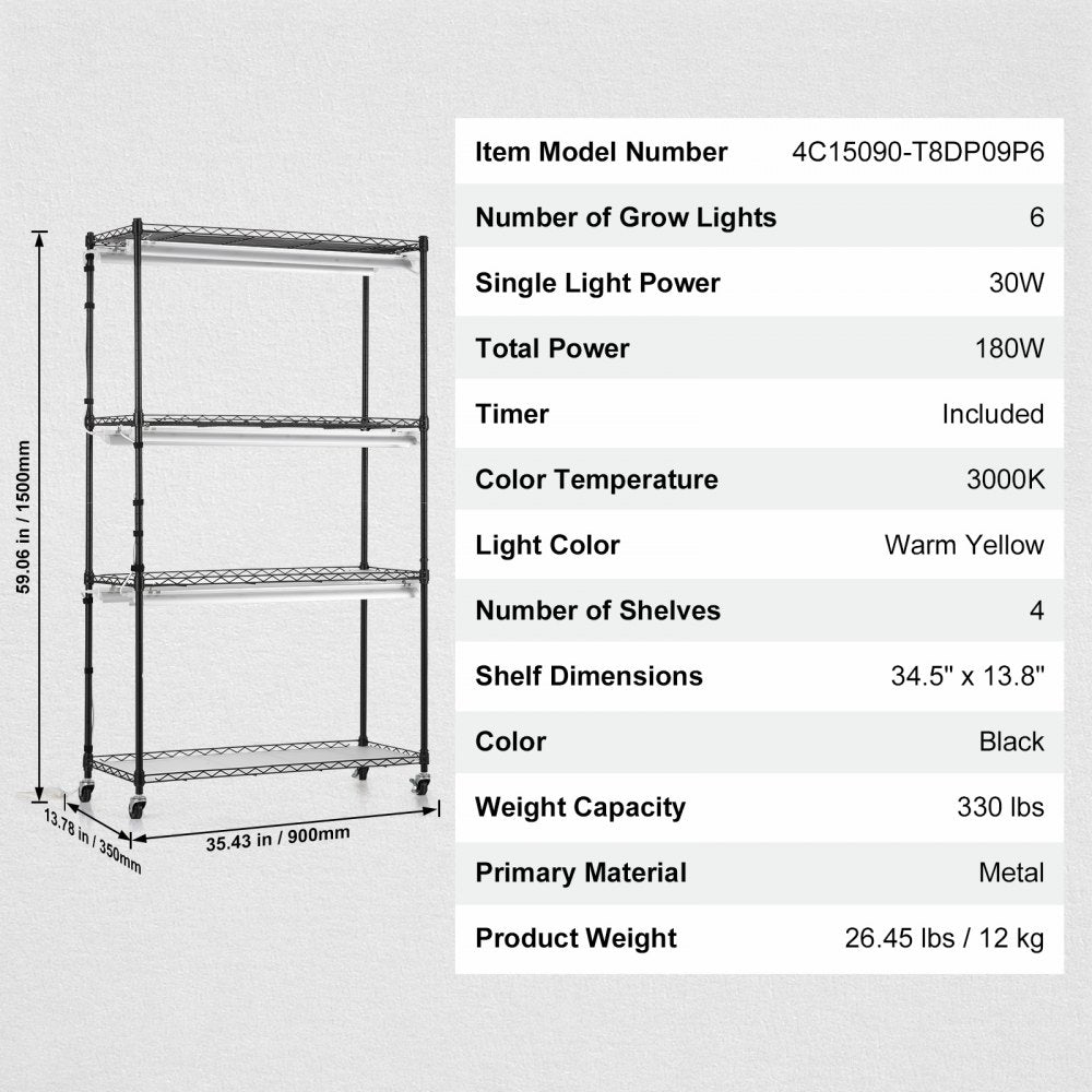 VEVOR Plant Stand with Grow Light, 4 Tiers Plant Shelf with 3000K 180W LED Full Spectrum Light for Indoor Plants, Grow Light Shelf with Timer for Seed Starting 35.4" L  x 13.8" W x 59.1" H