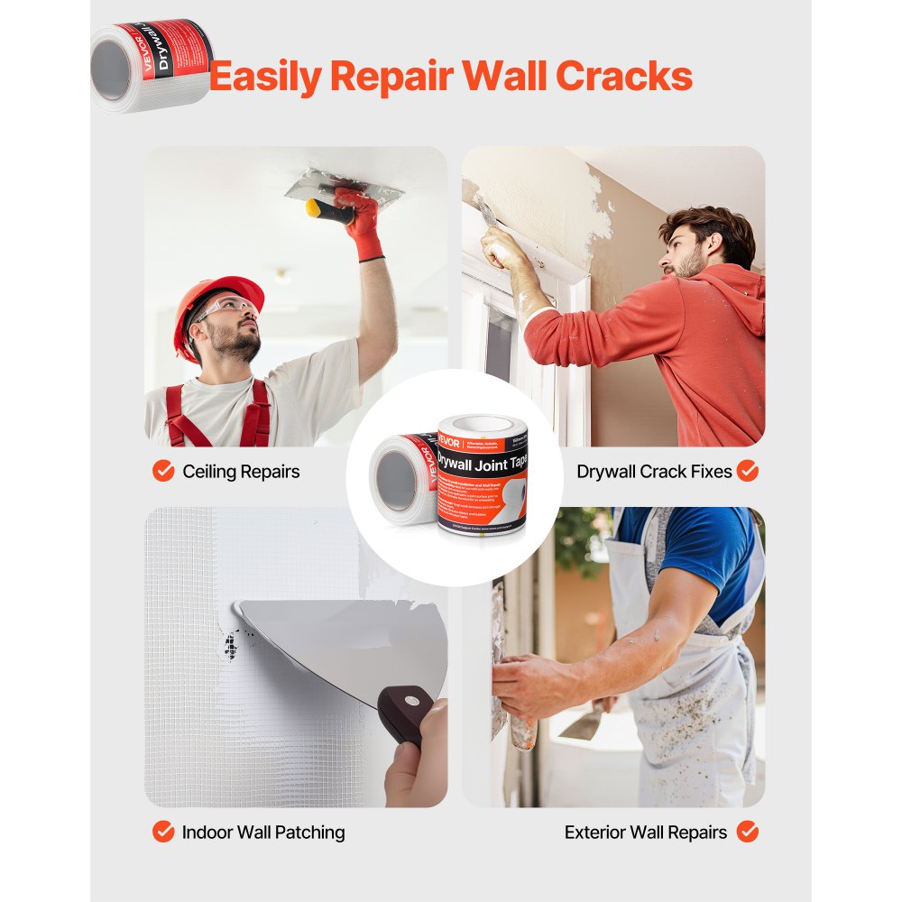VEVOR Drywall Mesh Tape, 5.91 inch W x 98.43 ft L Self-Adhesive Fiberglass Drywall Joint Tape, 12 Rolls Dry Wall Patch for Easy Sheetrock Ceiling Crack Repair, to Achieve Smooth Even Wall Surface