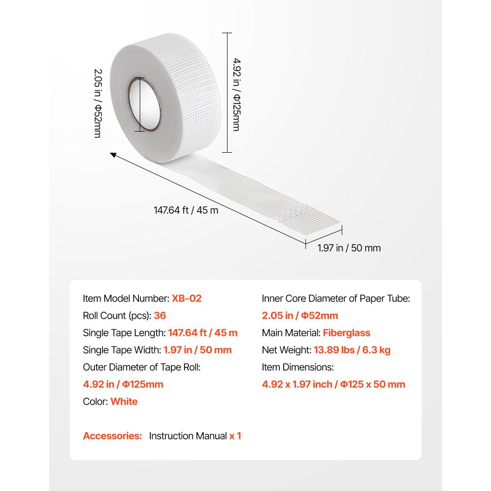 VEVOR Drywall Mesh Tape, 1.97 inch W x 147.64 ft L Self-Adhesive Fiberglass Drywall Joint Tape, 36 Rolls Dry Wall Patch for Easy Sheetrock Ceiling Crack Repair, to Achieve Smooth Even Wall Surface