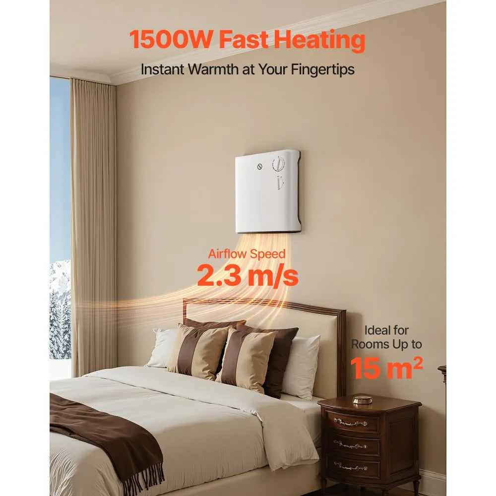 VEVOR Smart Wall Heater, 1500W Electric Wall Mounted Heater with Knob Adjustment, 3 Modes, Portable Design with Anti-Tipping and Overheat Protection, for Bedroom, Living Room, Office, Bathroom, White