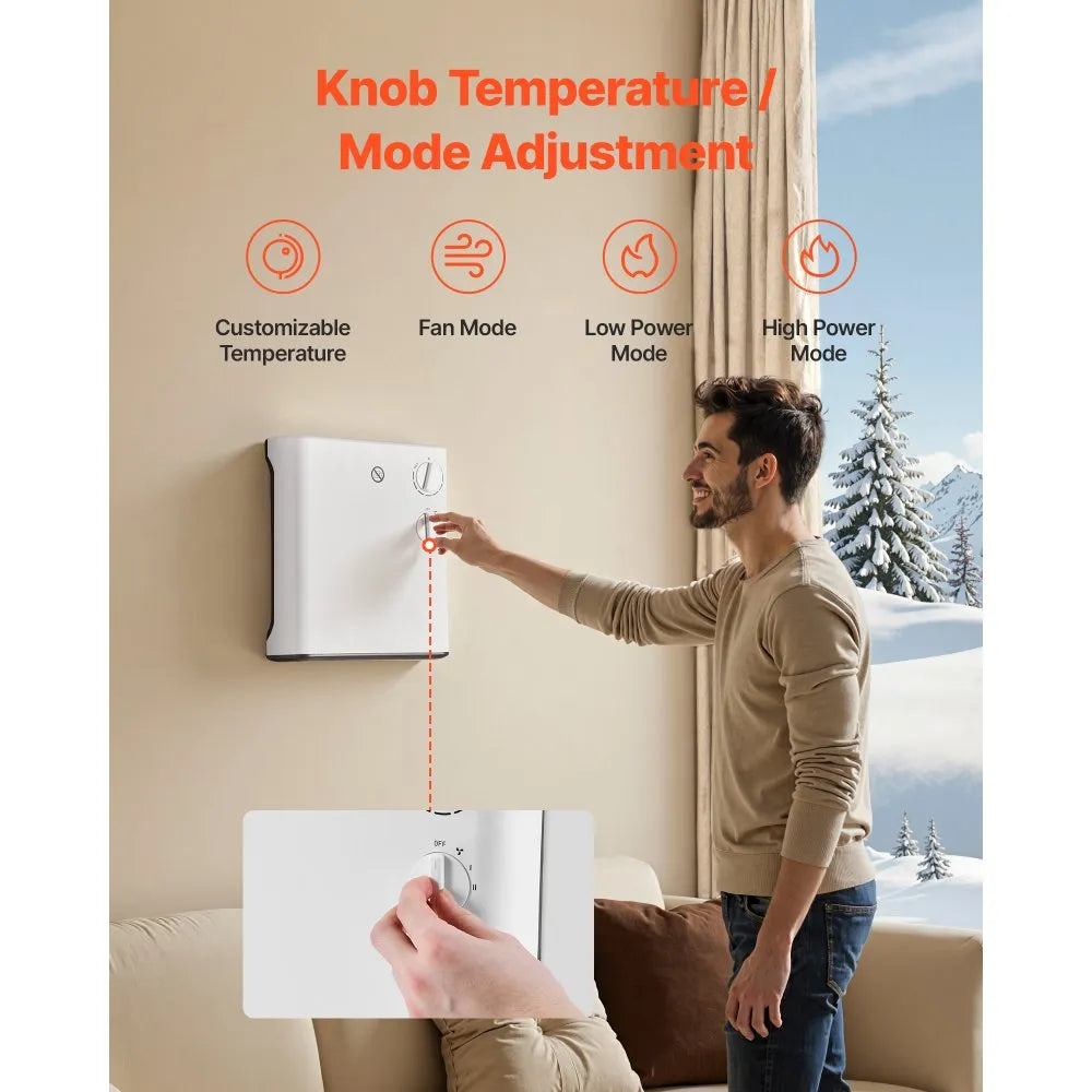 VEVOR Smart Wall Heater, 1500W Electric Wall Mounted Heater with Knob Adjustment, 3 Modes, Portable Design with Anti-Tipping and Overheat Protection, for Bedroom, Living Room, Office, Bathroom, White