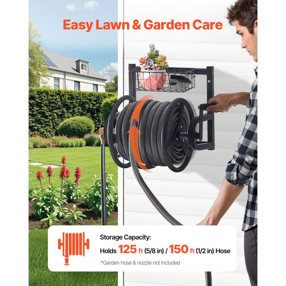 VEVOR Wall Mounted Garden Hose Reel, Holds 125 ft 5/8-inch Hose, Heavy-Duty Water Hose Winder, Space-Saving Design, Outdoor Manual Reel with Brass Fitting and Storage Basket for Yard Lawn