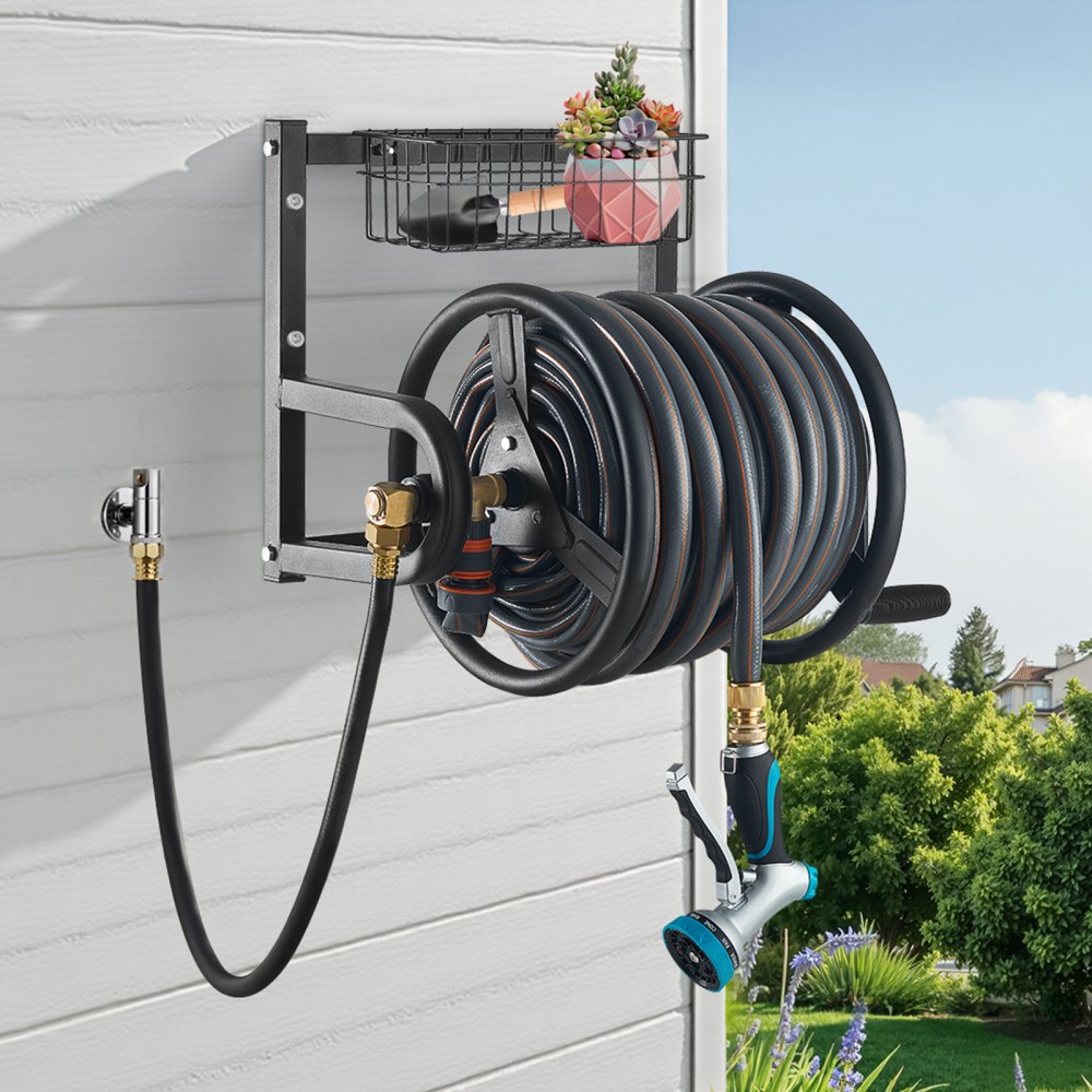 VEVOR Wall Mounted Garden Hose Reel, Holds 125 ft 5/8-inch Hose, Heavy-Duty Water Hose Winder, Space-Saving Design, Outdoor Manual Reel with Brass Fitting and Storage Basket for Yard Lawn