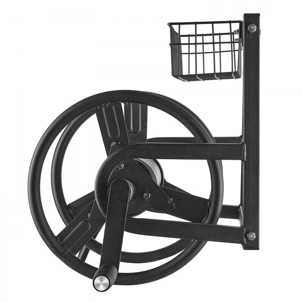 VEVOR Wall Mounted Garden Hose Reel, Holds 125 ft 5/8-inch Hose, Heavy-Duty Water Hose Winder, Space-Saving Design, Outdoor Manual Reel with Brass Fitting and Storage Basket for Yard Lawn