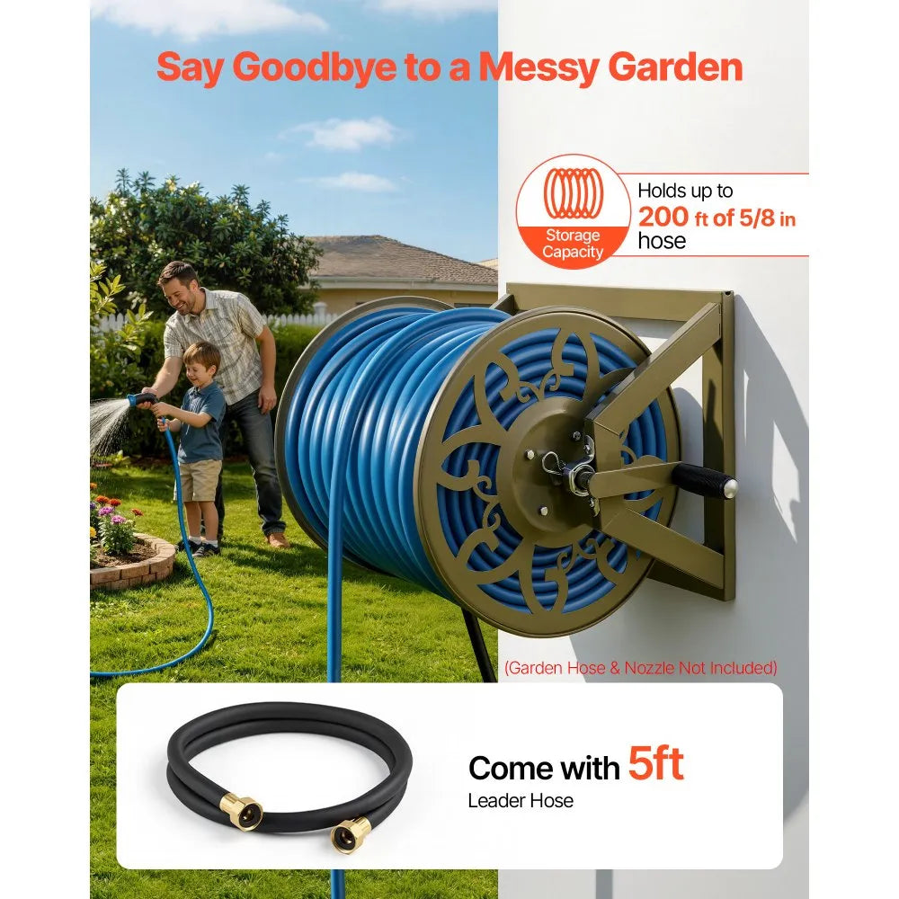 VEVOR Wall Mounted Garden Hose Reel, Holds 200 Feet of 5/8-inch Hose, Outdoor Heavy-Duty Waterhose Holder Winder, with Brass Connector, Decorative Pattern, Bronze Finish, for Backyards and Gardens