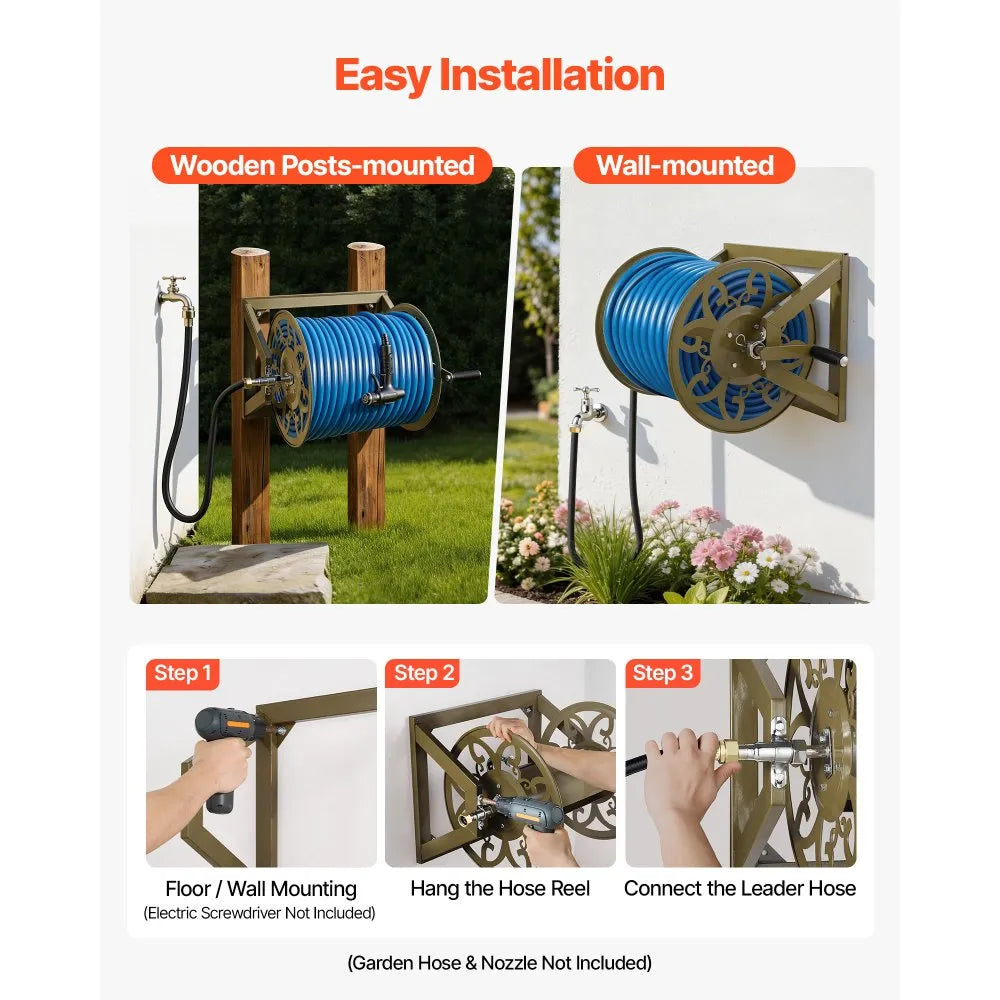 VEVOR Wall Mounted Garden Hose Reel, Holds 200 Feet of 5/8-inch Hose, Outdoor Heavy-Duty Waterhose Holder Winder, with Brass Connector, Decorative Pattern, Bronze Finish, for Backyards and Gardens