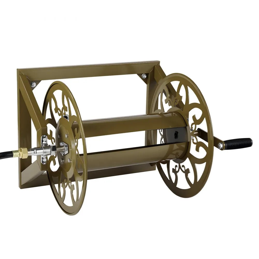 VEVOR Wall Mounted Garden Hose Reel, Holds 200 Feet of 5/8-inch Hose, Outdoor Heavy-Duty Waterhose Holder Winder, with Brass Connector, Decorative Pattern, Bronze Finish, for Backyards and Gardens