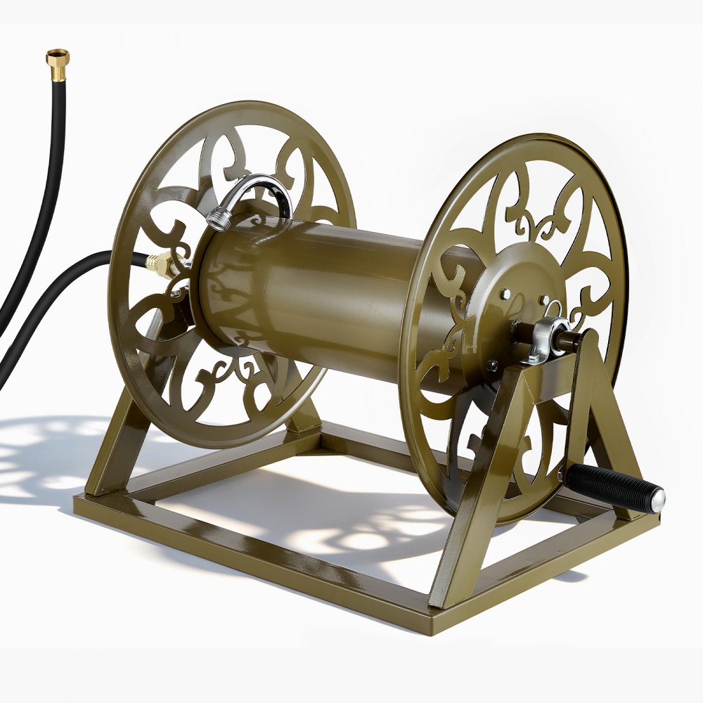 VEVOR Wall Mounted Garden Hose Reel, Holds 200 Feet of 5/8-inch Hose, Outdoor Heavy-Duty Waterhose Holder Winder, with Brass Connector, Decorative Pattern, Bronze Finish, for Backyards and Gardens