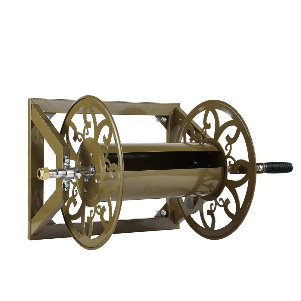 VEVOR Wall Mounted Garden Hose Reel, Holds 200 Feet of 5/8-inch Hose, Outdoor Heavy-Duty Waterhose Holder Winder, with Brass Connector, Decorative Pattern, Bronze Finish, for Backyards and Gardens