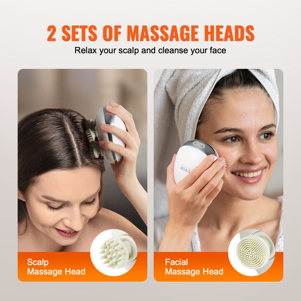 VEVOR Electric Scalp Massager with Heat, Rechargeable Heated Head Massager, IPX7 Waterproof | Portable Kneading Scalp Scratcher with 8 Removable Massage Head for Hair Growth, Deep Clean, Stress Relax