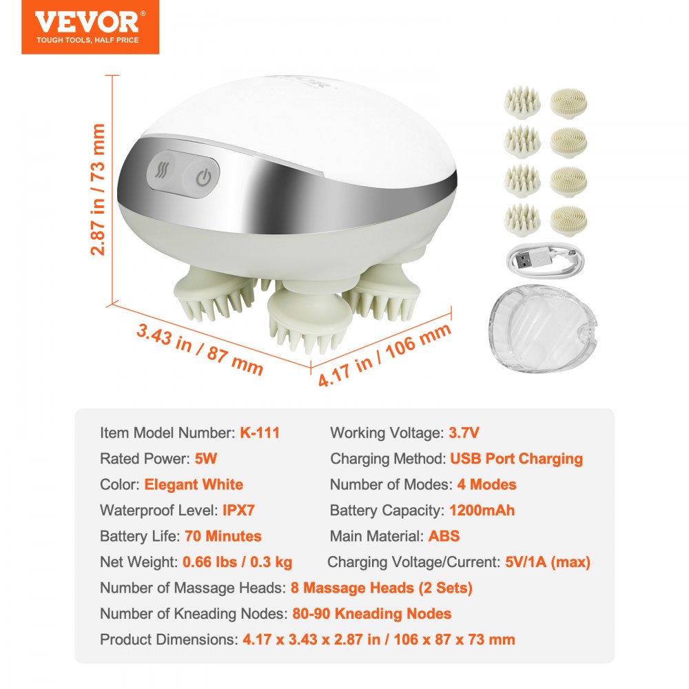 VEVOR Electric Scalp Massager with Heat, Rechargeable Heated Head Massager, IPX7 Waterproof | Portable Kneading Scalp Scratcher with 8 Removable Massage Head for Hair Growth, Deep Clean, Stress Relax