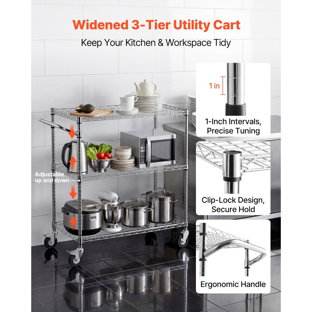 VEVOR Kitchen Utility Cart, 3 Tier Heavy Duty Adjustable Wire Storage Rack, Commercial Steel Rolling Service Trolley on Wheels, Work Table with Handle Bar, for Garage and Laundry Room, 35x17.8x40.9 in
