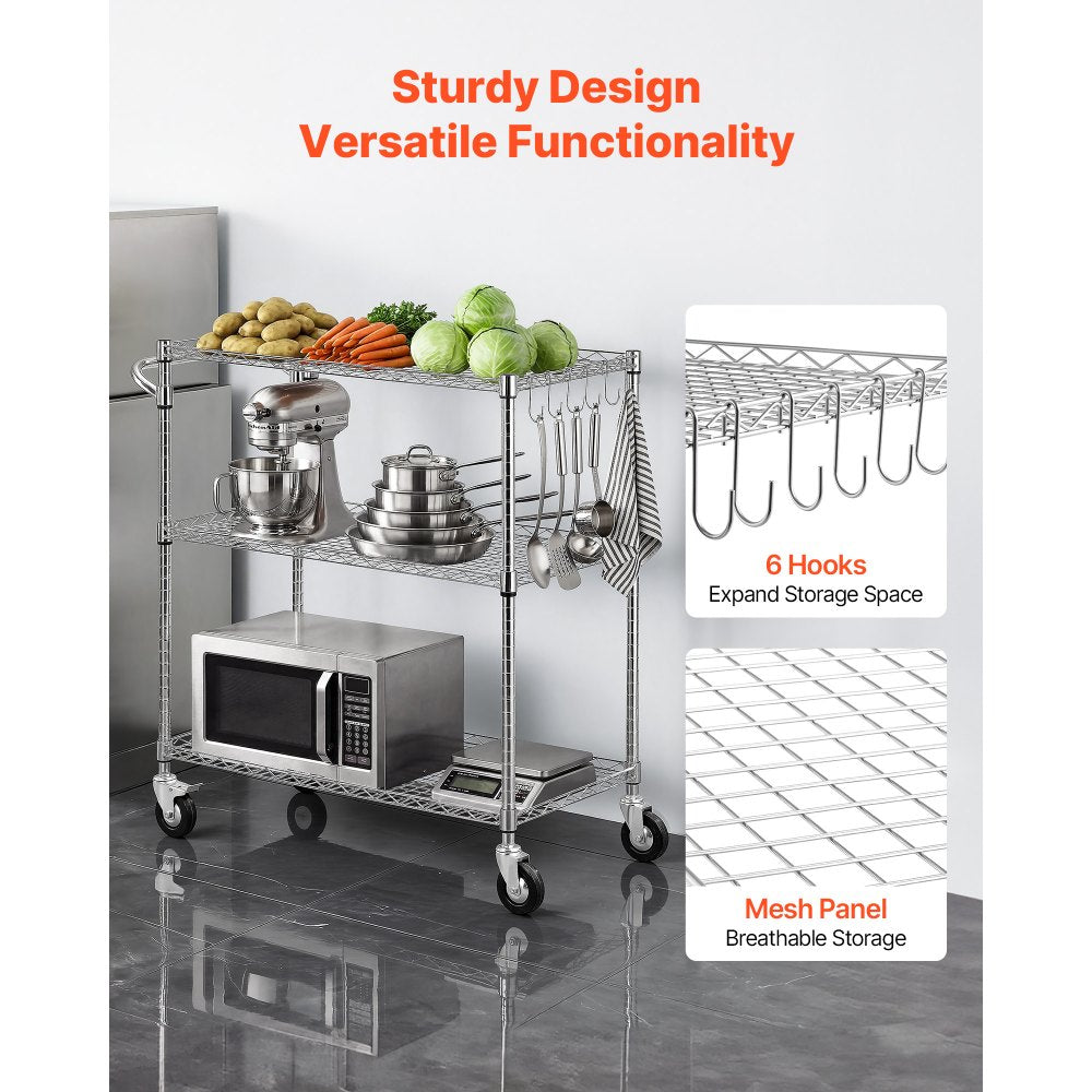 VEVOR Kitchen Utility Cart, 3 Tier Heavy Duty Adjustable Wire Storage Rack, Commercial Steel Rolling Service Trolley on Wheels, Work Table with Handle Bar, for Garage and Laundry Room, 35x17.8x40.9 in
