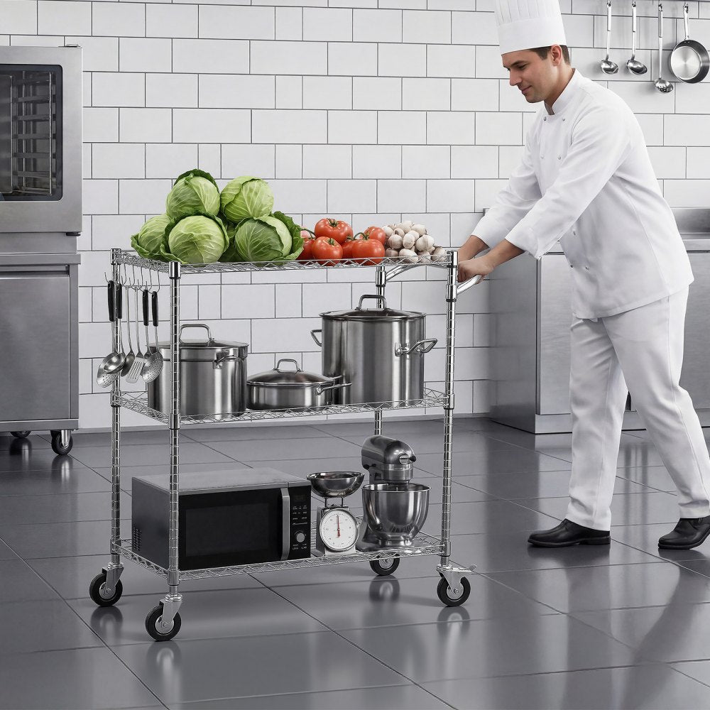 VEVOR Kitchen Utility Cart, 3 Tier Heavy Duty Adjustable Wire Storage Rack, Commercial Steel Rolling Service Trolley on Wheels, Work Table with Handle Bar, for Garage and Laundry Room, 35x17.8x40.9 in
