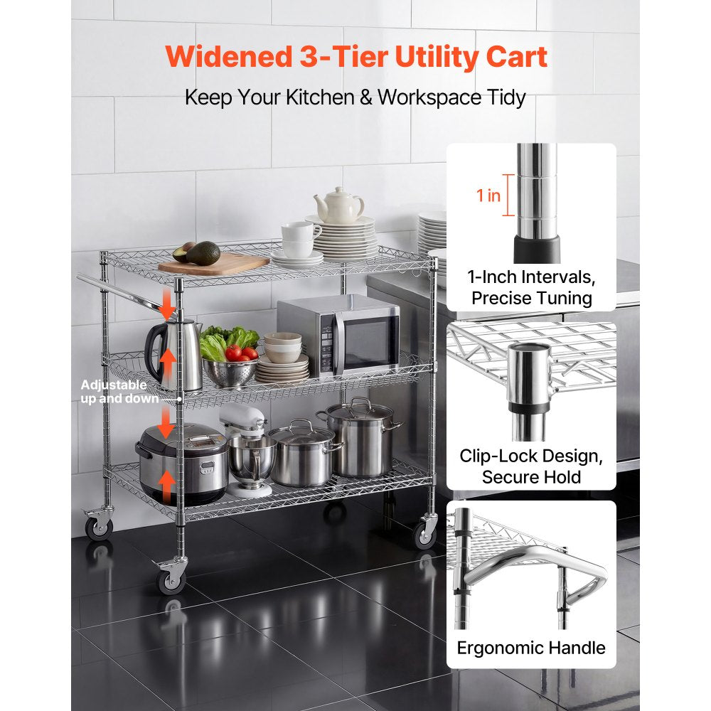 VEVOR Kitchen Utility Cart, 3 Tier Heavy Duty Adjustable Wire Storage Rack, Commercial Steel Rolling Service Trolley on Wheels, Work Table with Handle Bar, for Garage and Laundry Room, 40x25x40.9 in