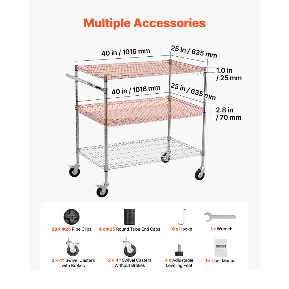 VEVOR Kitchen Utility Cart, 3 Tier Heavy Duty Adjustable Wire Storage Rack, Commercial Steel Rolling Service Trolley on Wheels, Work Table with Handle Bar, for Garage and Laundry Room, 40x25x40.9 in