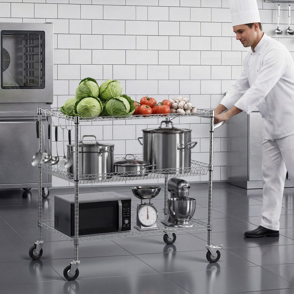VEVOR Kitchen Utility Cart, 3 Tier Heavy Duty Adjustable Wire Storage Rack, Commercial Steel Rolling Service Trolley on Wheels, Work Table with Handle Bar, for Garage and Laundry Room, 40x25x40.9 in
