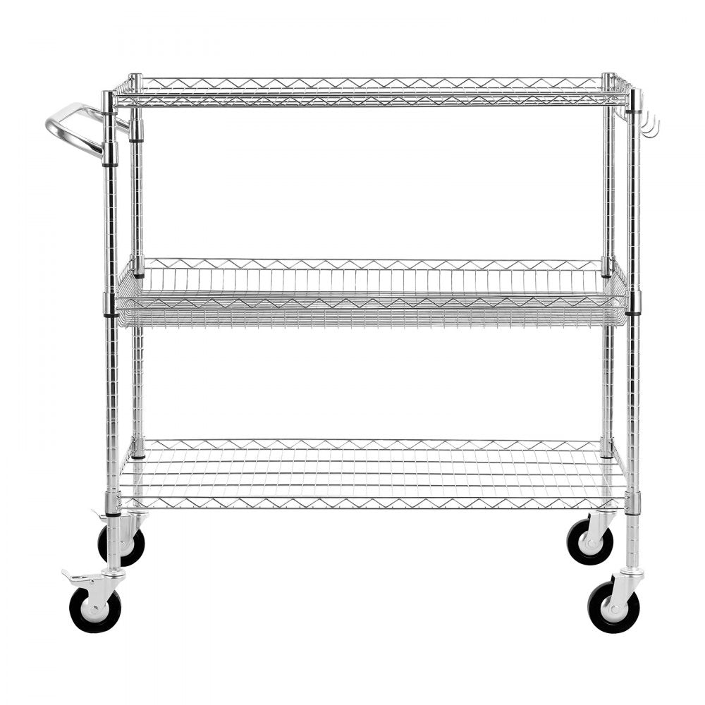 VEVOR Kitchen Utility Cart, 3 Tier Heavy Duty Adjustable Wire Storage Rack, Commercial Steel Rolling Service Trolley on Wheels, Work Table with Handle Bar, for Garage and Laundry Room, 40x25x40.9 in