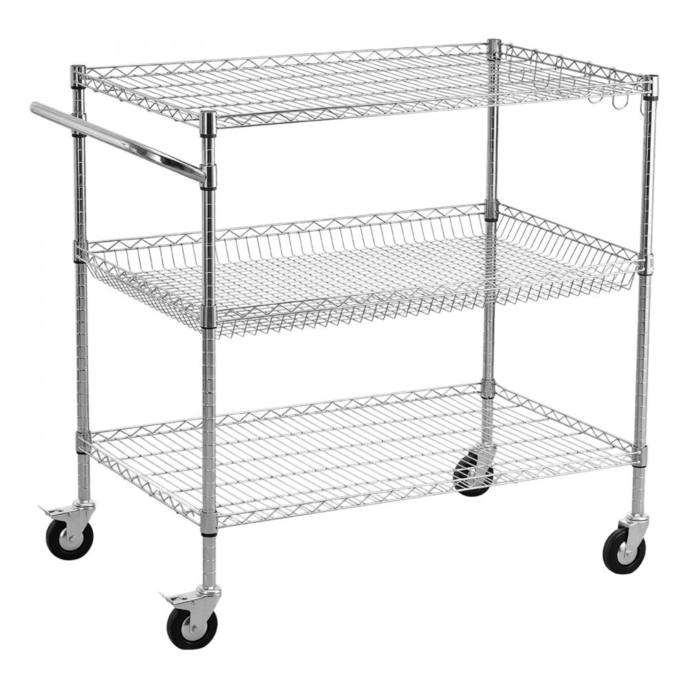 VEVOR Kitchen Utility Cart, 3 Tier Heavy Duty Adjustable Wire Storage Rack, Commercial Steel Rolling Service Trolley on Wheels, Work Table with Handle Bar, for Garage and Laundry Room, 40x25x40.9 in