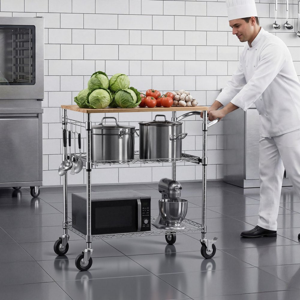VEVOR Kitchen Utility Cart, 3 Tier Heavy Duty Adjustable Wire Storage Rack with Wood Tabletop and Handle Bar, Rolling Portable Service Trolley on Wheels, 661 lbs Steel Work Table, 30x18x36 in