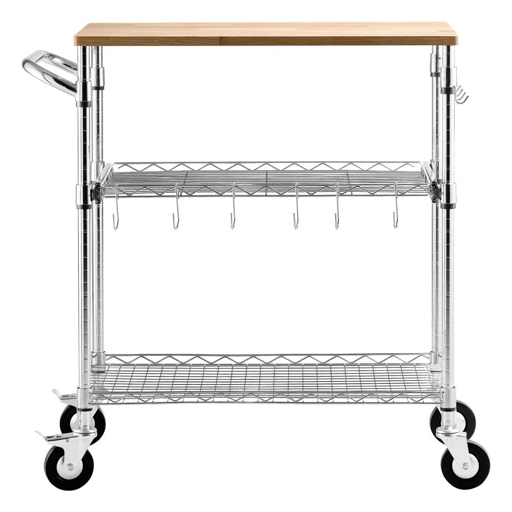 VEVOR Kitchen Utility Cart, 3 Tier Heavy Duty Adjustable Wire Storage Rack with Wood Tabletop and Handle Bar, Rolling Portable Service Trolley on Wheels, 661 lbs Steel Work Table, 30x18x36 in