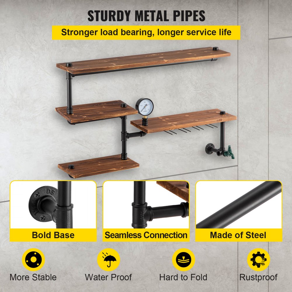 VEVOR Pipe Shelving, Industrial Floating Shelves with 4-Tier Solid Wood Planks, Modern Rustic Floating Shelves Wall Mounted, DIY Storage Bracket for Bookshelf, Kitchen, Bathroom, Home Decor, Brown