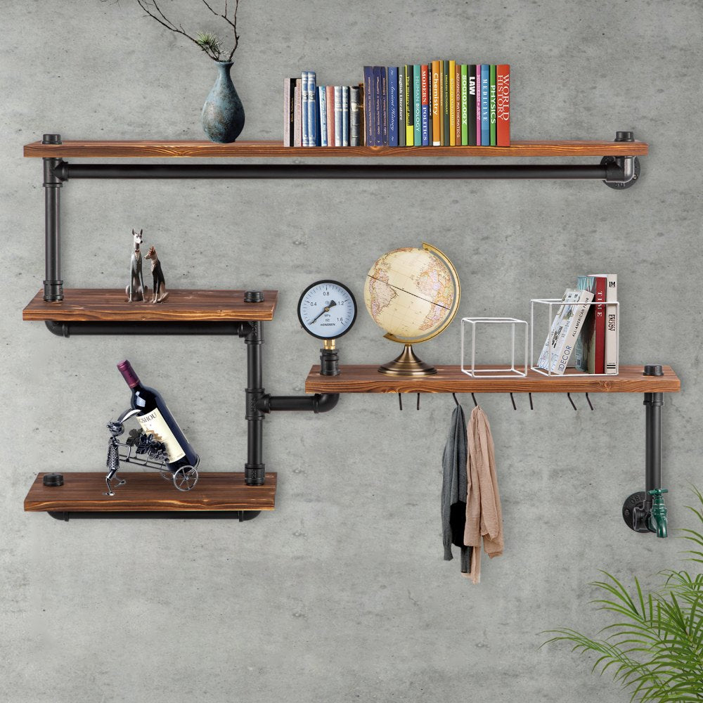 VEVOR Pipe Shelving, Industrial Floating Shelves with 4-Tier Solid Wood Planks, Modern Rustic Floating Shelves Wall Mounted, DIY Storage Bracket for Bookshelf, Kitchen, Bathroom, Home Decor, Brown