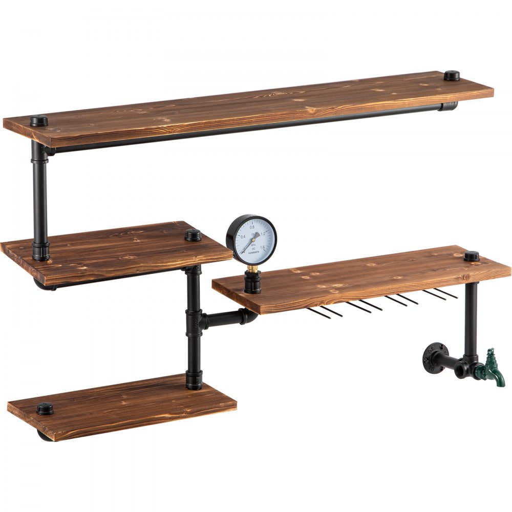 VEVOR Pipe Shelving, Industrial Floating Shelves with 4-Tier Solid Wood Planks, Modern Rustic Floating Shelves Wall Mounted, DIY Storage Bracket for Bookshelf, Kitchen, Bathroom, Home Decor, Brown
