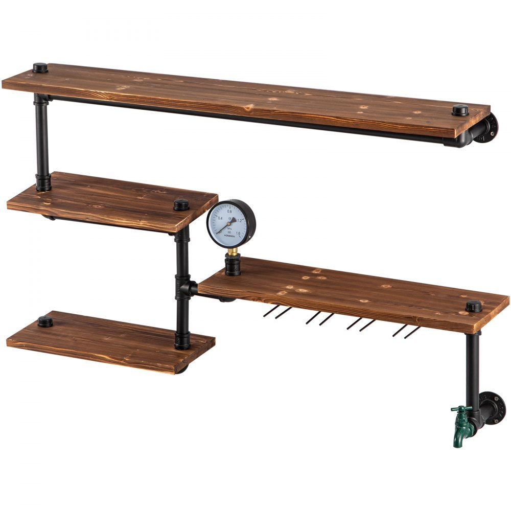 VEVOR Pipe Shelving, Industrial Floating Shelves with 4-Tier Solid Wood Planks, Modern Rustic Floating Shelves Wall Mounted, DIY Storage Bracket for Bookshelf, Kitchen, Bathroom, Home Decor, Brown