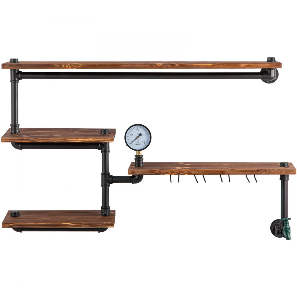 VEVOR Pipe Shelving, Industrial Floating Shelves with 4-Tier Solid Wood Planks, Modern Rustic Floating Shelves Wall Mounted, DIY Storage Bracket for Bookshelf, Kitchen, Bathroom, Home Decor, Brown