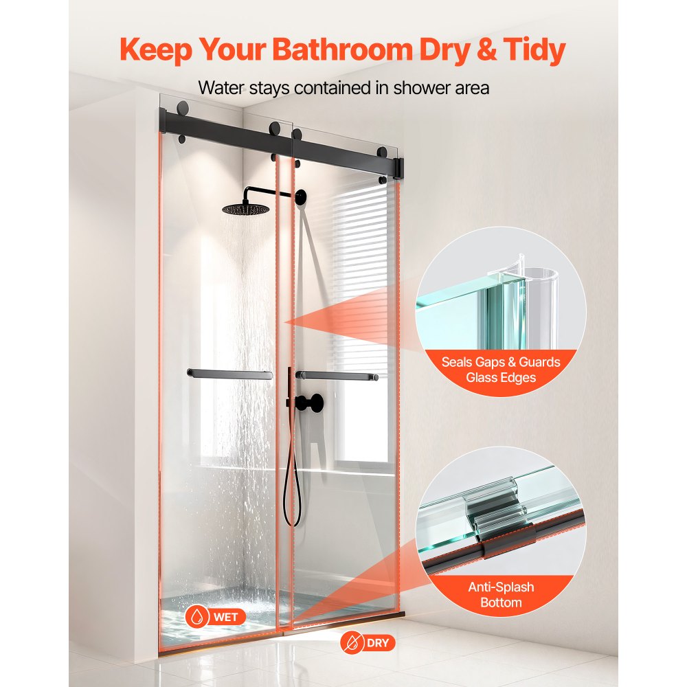 VEVOR Frameless Shower Door, 48" W x 76" H, Shower Sliding Glass Door with 3/8" (10 mm) Thick Clear Tempered Glass, Noiseless Shatterproof Nano Coating, with Rail, Seal Strip and Hardware Kit