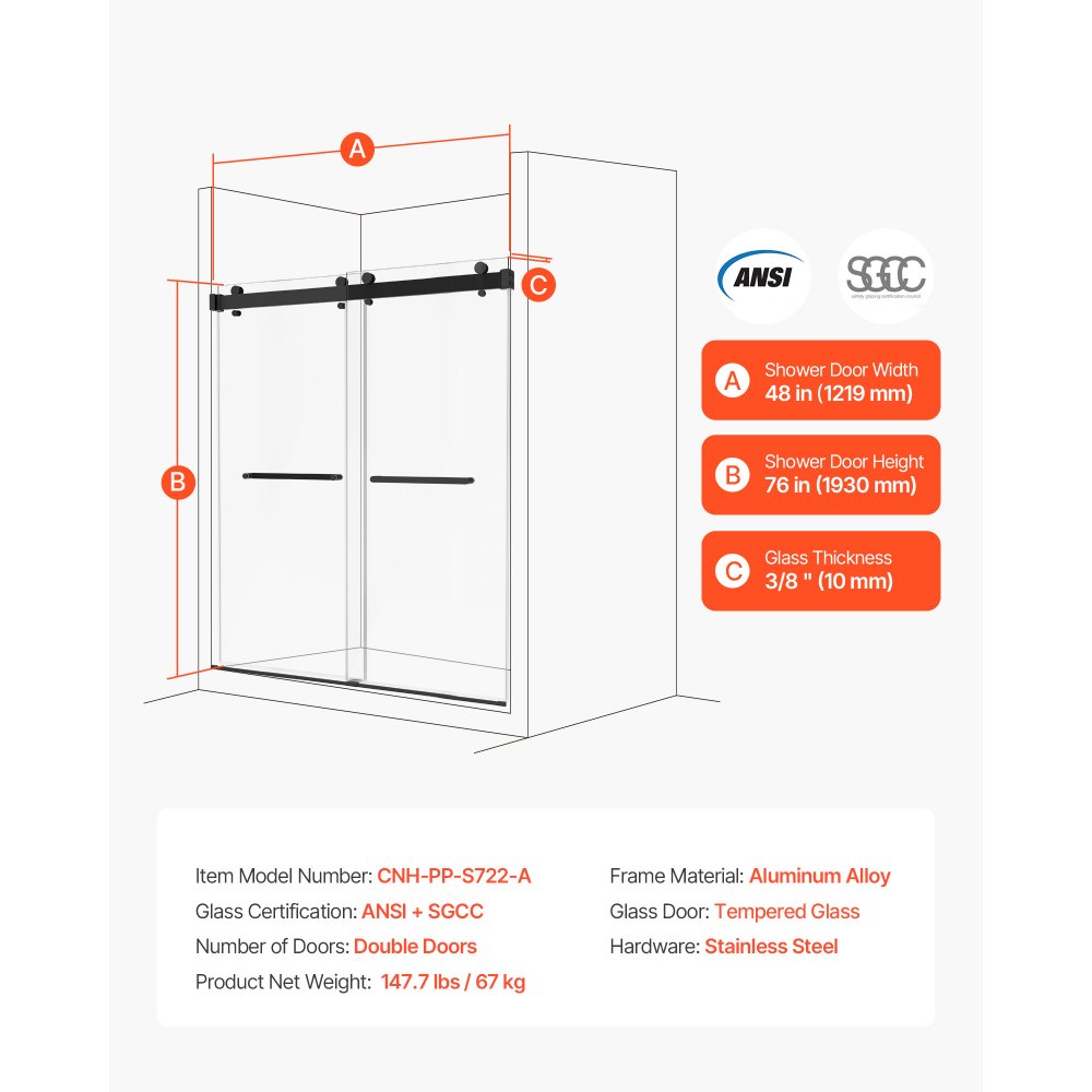 VEVOR Frameless Shower Door, 48" W x 76" H, Shower Sliding Glass Door with 3/8" (10 mm) Thick Clear Tempered Glass, Noiseless Shatterproof Nano Coating, with Rail, Seal Strip and Hardware Kit
