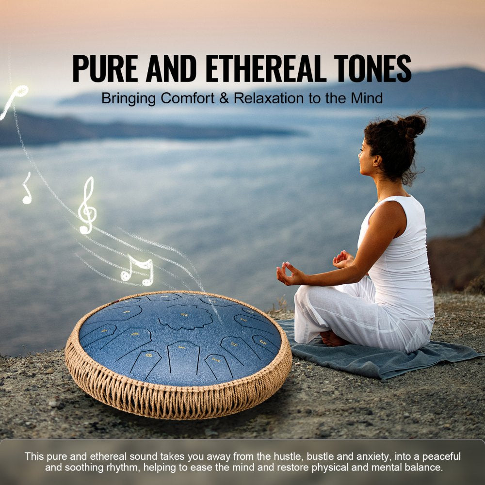 VEVOR Steel Tongue Drum, 14 in & 15 Notes, Rain Drum for Outside Garden, C Major Key, Tank Drum with 2 Mallets & Carry Bag, Hand Pan Drum Percussion Instrument for Musical Education Yoga, Navy Blue