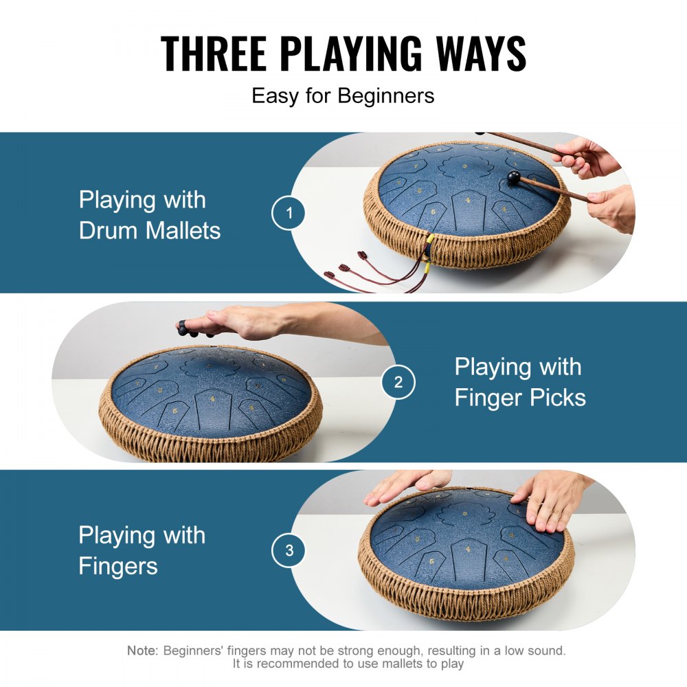 VEVOR Steel Tongue Drum, 14 in & 15 Notes, Rain Drum for Outside Garden, C Major Key, Tank Drum with 2 Mallets & Carry Bag, Hand Pan Drum Percussion Instrument for Musical Education Yoga, Navy Blue